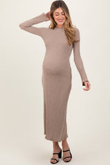 Light Mocha Ribbed Knit Maternity Midi Sweater Dress