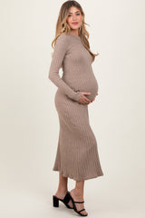 Light Mocha Ribbed Knit Maternity Midi Sweater Dress