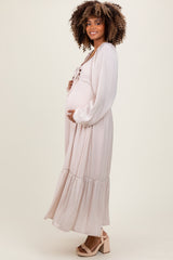 Beige Bow Satin Maternity Maxi Dress