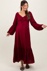 Burgundy Bow Satin Maternity Maxi Dress