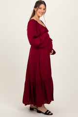 Burgundy Bow Satin Maternity Maxi Dress