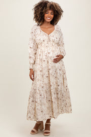 Cream Raglan Sleeve Floral Button Maternity Maxi Dress