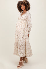 Cream Raglan Sleeve Floral Button Maternity Maxi Dress