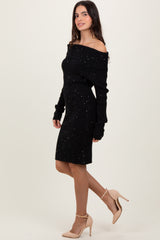 Black Off Shoulder Short Sequin Sweater Dress