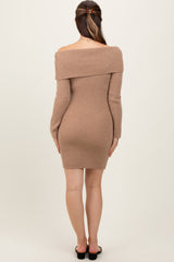 Camel Off Shoulder Short Sequin Maternity Sweater Dress