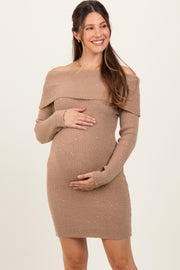 Camel Off Shoulder Short Sequin Maternity Sweater Dress