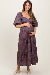 Dark Mauve Floral Bubble Sleeve Tiered Maternity Maxi Dress