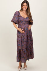 Dark Mauve Floral Bubble Sleeve Tiered Maternity Maxi Dress