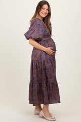 Dark Mauve Floral Bubble Sleeve Tiered Maternity Maxi Dress