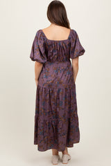 Dark Mauve Floral Bubble Sleeve Tiered Maternity Maxi Dress