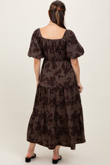 Taupe Floral Bubble Sleeve Tiered Maternity Maxi Dress