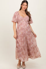 Mauve Watercolor Floral Puff Sleeve Tiered Maternity Maxi Dress