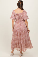 Mauve Watercolor Floral Puff Sleeve Tiered Maternity Maxi Dress