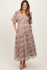 Light Taupe Watercolor Floral Puff Sleeve Tiered Maternity Maxi Dress