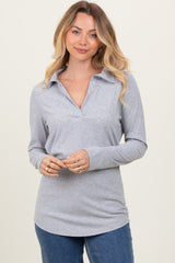 Heather Grey Ribbed Collared Long Sleeve Top