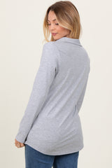 Heather Grey Ribbed Collared Long Sleeve Top