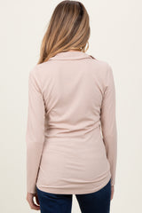 Beige Ribbed Collared Maternity Long Sleeve Top