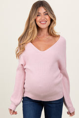 Light Pink V-Neck Drop Shoulder Back Bow Tie Maternity Sweater