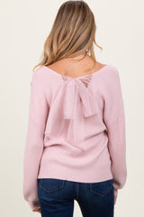 Light Pink V-Neck Drop Shoulder Back Bow Tie Maternity Sweater