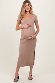 Mocha Ribbed Knit Back Tie Side Slit Maternity Midi Dress