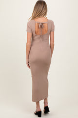 Mocha Ribbed Knit Back Tie Side Slit Maternity Midi Dress