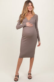 Taupe Ribbed Fitted Button Long Sleeve Maternity Dress