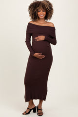 Brown Ribbed Knit Off Shoulder Side Slit Maternity Sweater Dress