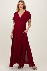 Burgundy V-Neck Drawstring Short Sleeve Side Slit Maternity Maxi Dress