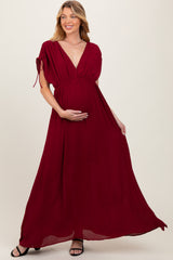 Burgundy V-Neck Drawstring Short Sleeve Side Slit Maternity Maxi Dress