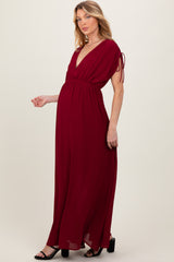 Burgundy V-Neck Drawstring Short Sleeve Side Slit Maternity Maxi Dress