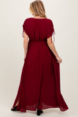 Burgundy V-Neck Drawstring Short Sleeve Side Slit Maternity Maxi Dress