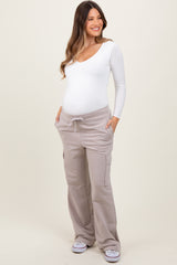 Light Taupe Cargo Pocket Straight Leg Maternity Sweatpants