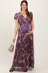 Violet Floral Metallic Flutter Sleeve Maternity Maxi Dress