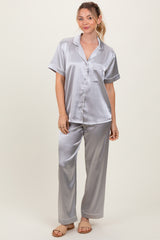 Silver Satin Contrast Trim Maternity Pajama Set