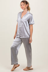 Silver Satin Contrast Trim Pajama Set