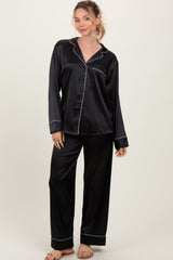 Black Satin Contrast Trim Long Sleeve Maternity Pajama Set