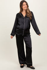 Black Satin Contrast Trim Long Sleeve Maternity Pajama Set