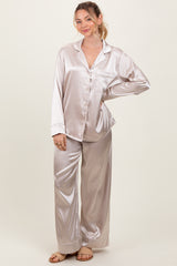 Cream Satin Contrast Trim Long Sleeve Pajama Set