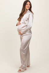 Cream Satin Contrast Trim Long Sleeve Maternity Pajama Set