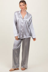 Silver Satin Contrast Trim Long Sleeve Pajama Set