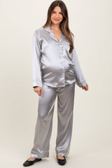 Silver Satin Contrast Trim Long Sleeve Maternity Pajama Set