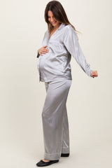 Silver Satin Contrast Trim Long Sleeve Maternity Pajama Set