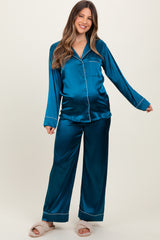 Teal Satin Contrast Trim Long Sleeve Maternity Pajama Set