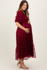 Burgundy Embroidered Sequin Detail Mesh Overlay Maternity Maxi Dress