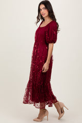 Burgundy Embroidered Sequin Detail Mesh Overlay Maxi Dress