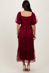 Burgundy Embroidered Sequin Detail Mesh Overlay Maxi Dress