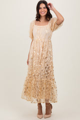 Cream Embroidered Sequin Detail Mesh Overlay Maxi Dress