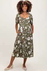 Olive Floral Sweetheart Neckline Maternity Midi Dress