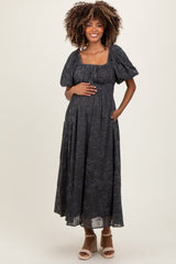 Charcoal Floral Square Neck Bubble Sleeve Maternity Mid Dress