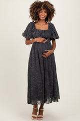 Charcoal Floral Square Neck Bubble Sleeve Maternity Mid Dress